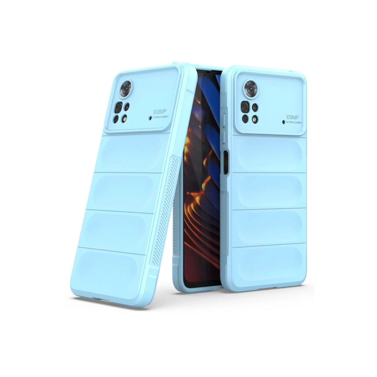 Kameralı ve yatay nervürlü iki açık mavi telefon kılıfı.