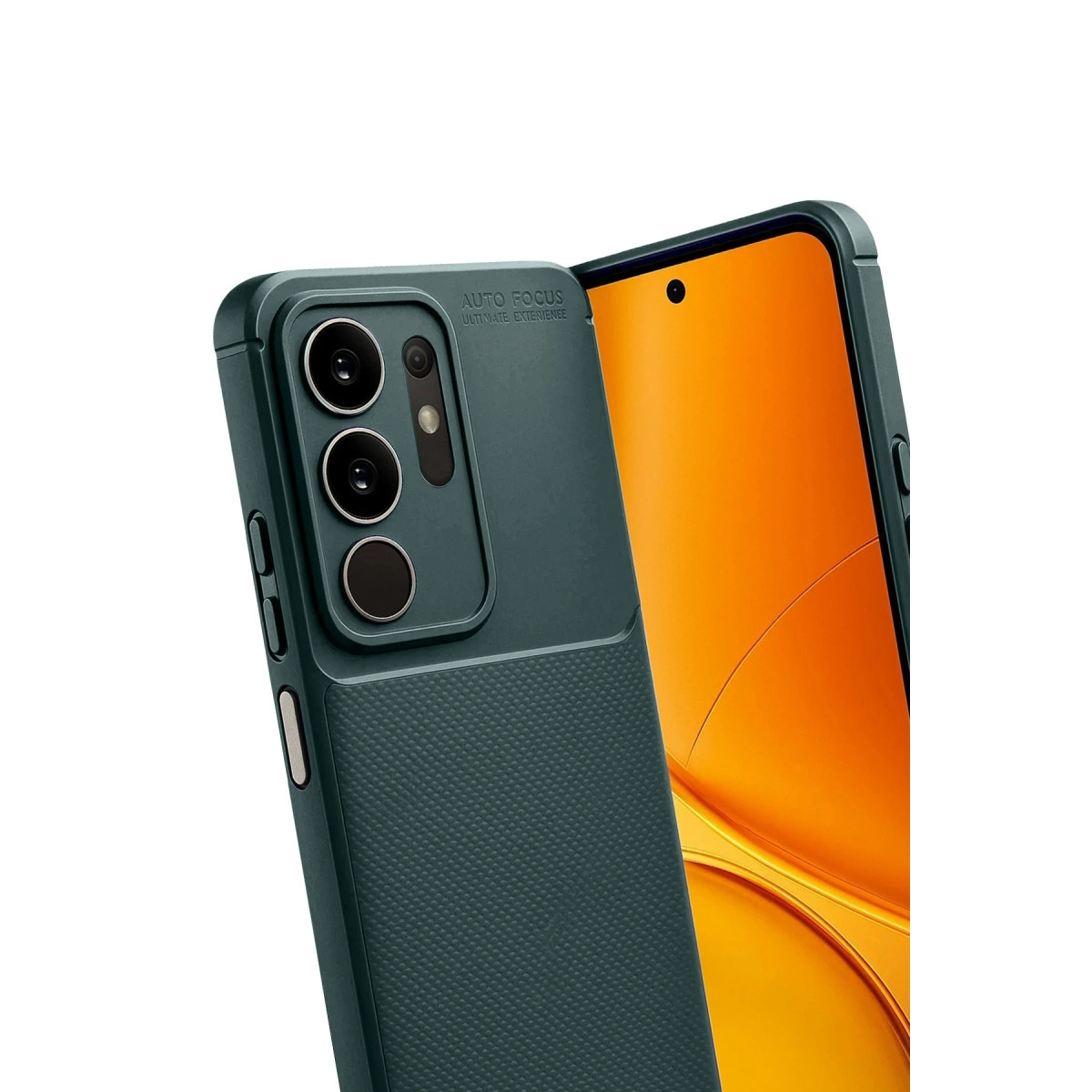 Üç kameralı, turuncu ekranlı koyu yeşil telefon kılıfı.