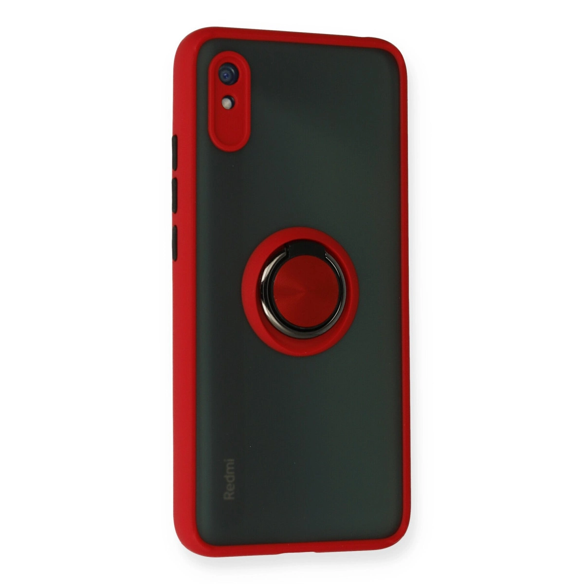 Kırmızı kenarlı ve halka tutuculu siyah telefon kılıfı, beyaz arka plan.