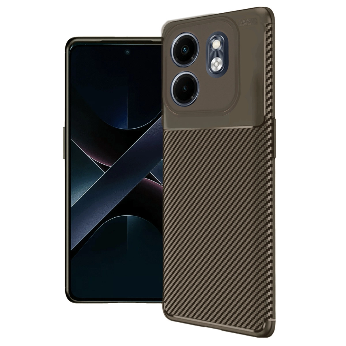 Karbon fiber kılıflı ve belirgin kamera modüllü bir akıllı telefon.