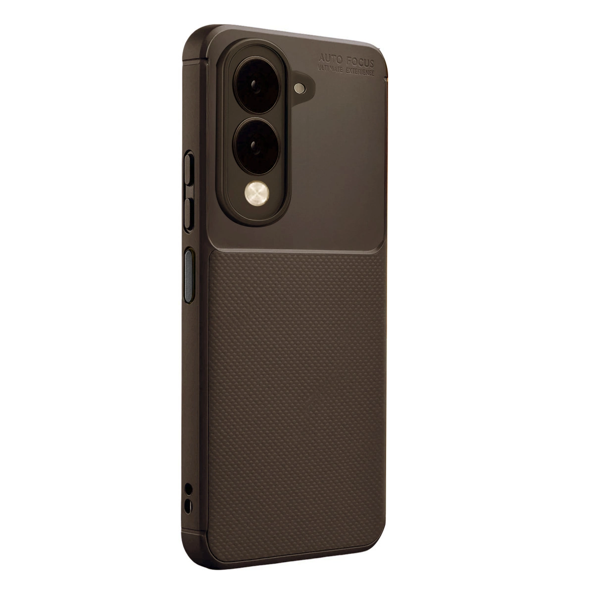 Koyu kahverengi telefon kılıfı, iki parçalı arka yüzü, kamerası ve yazısı.