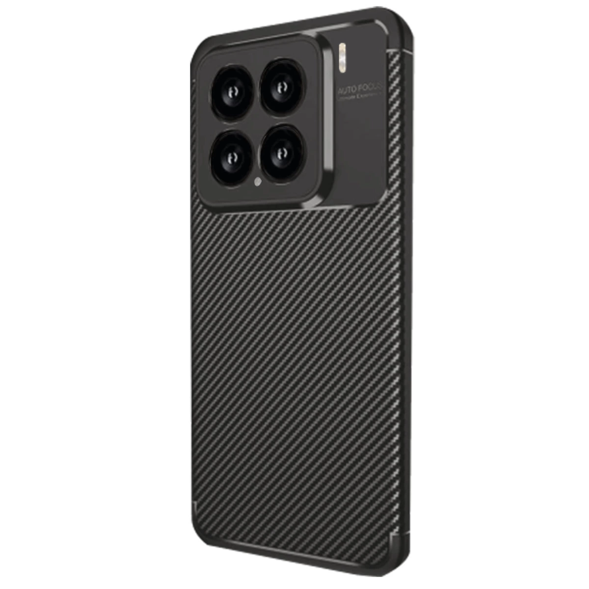 Dört kameralı, karbon fiber dokulu siyah akıllı telefon.