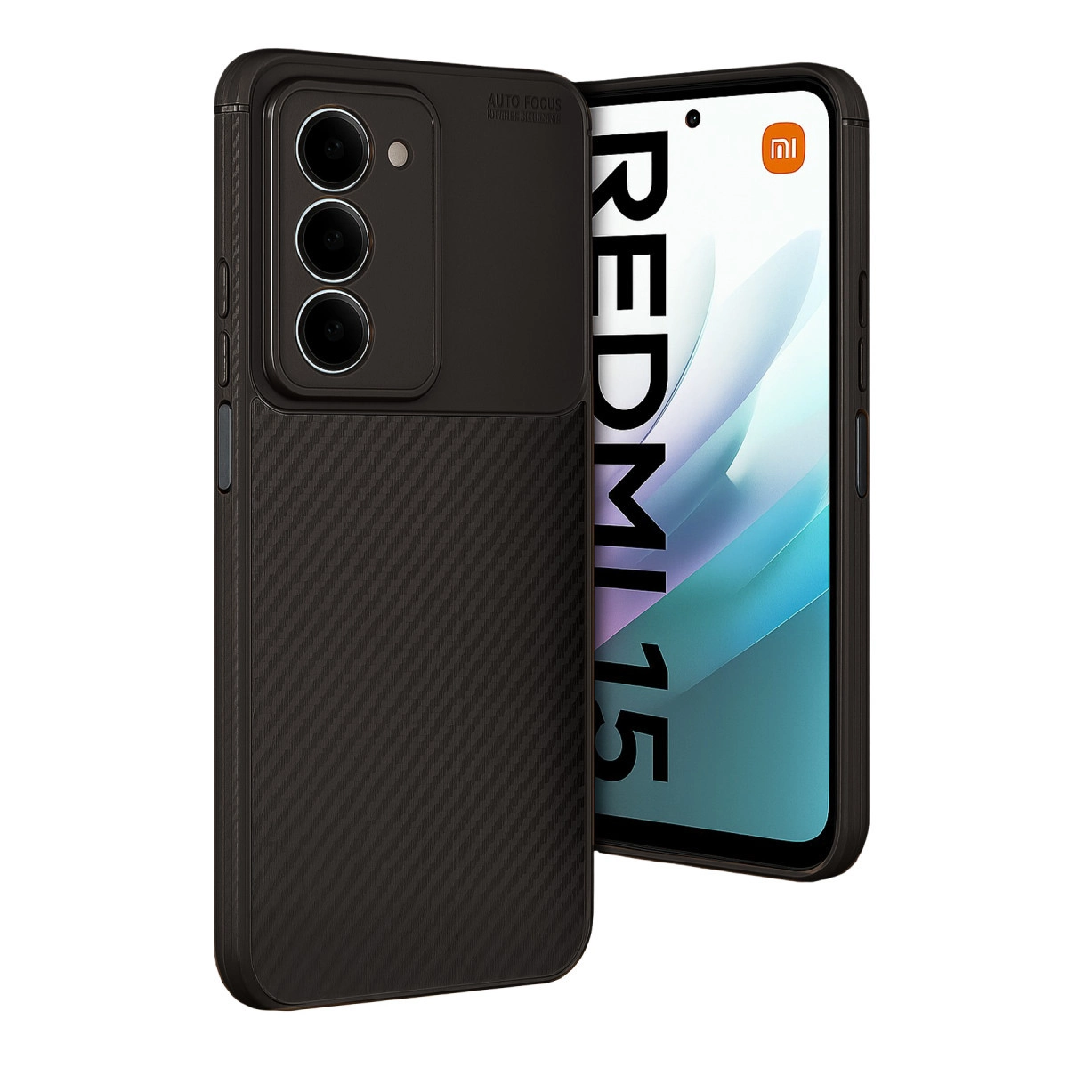 Karbon desenli kılıflı siyah telefon, kamera dizisi ve kırmızı yazı.