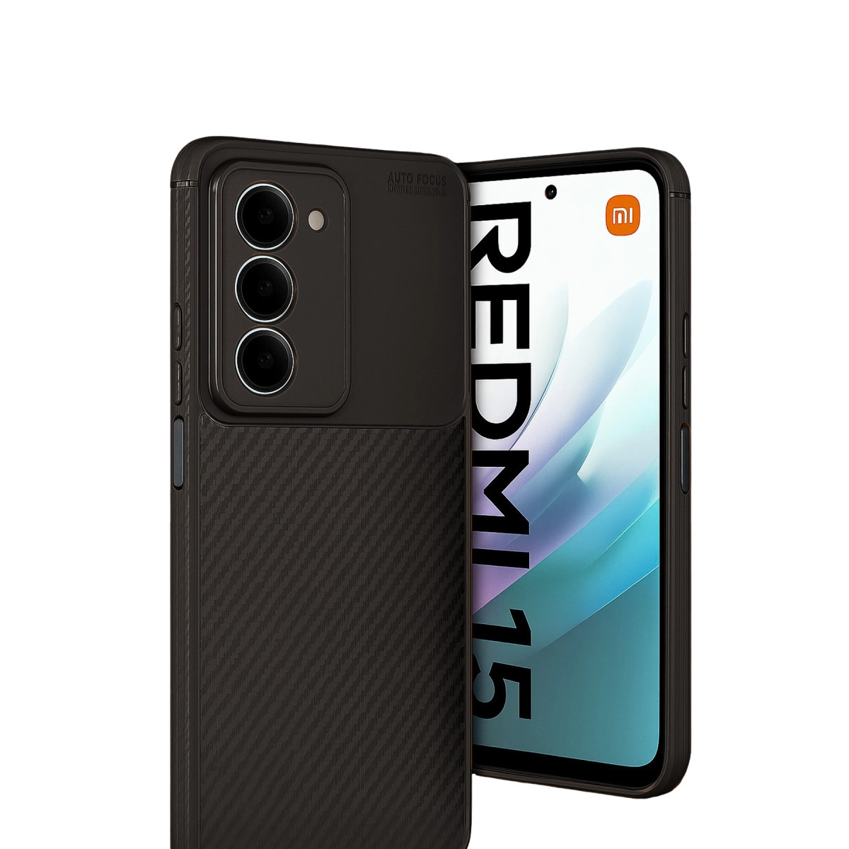 Karbon dokulu siyah telefon kılıfı, üç kameralı, Redmi 15 yazılı telefonun yanında.