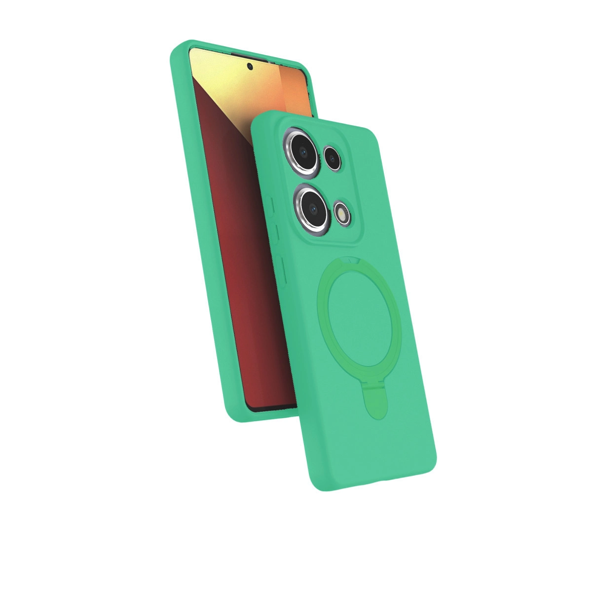 Kameralı ve halkalı yeşil telefon ve koruyucu kılıf.