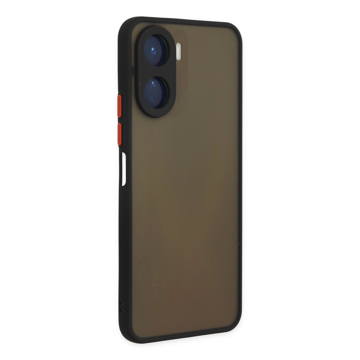 Üstte iki kamera lensi bulunan, siyah kenarlı, füme kahverengi telefon kılıfı.