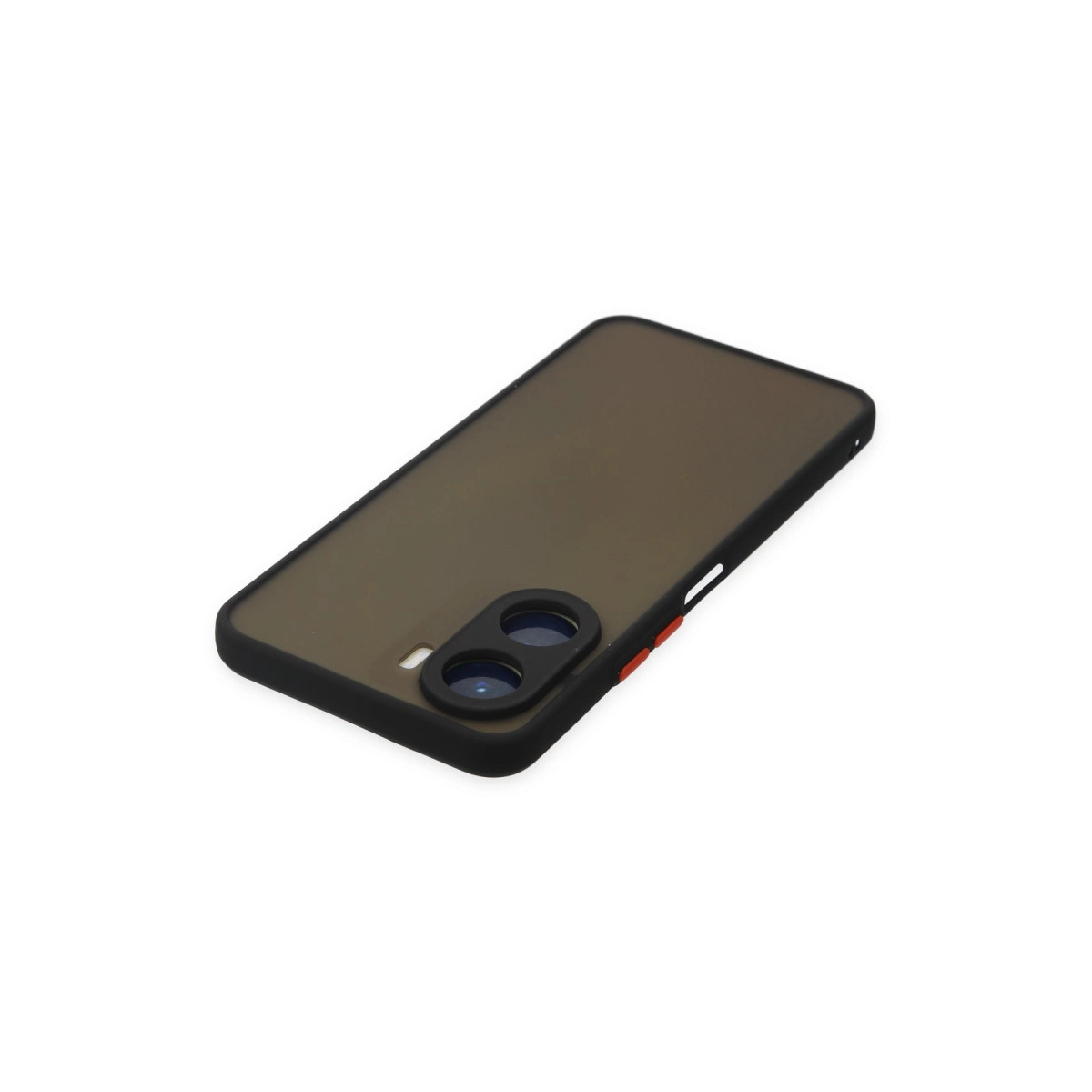 Siyah çerçeveli, çift kamera oyuklu koyu gri telefon kılıfı.
