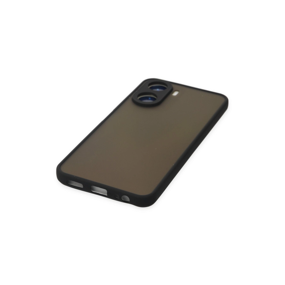 Beyaz arka plan üzerinde siyah kenarlı şeffaf telefon kılıfı.