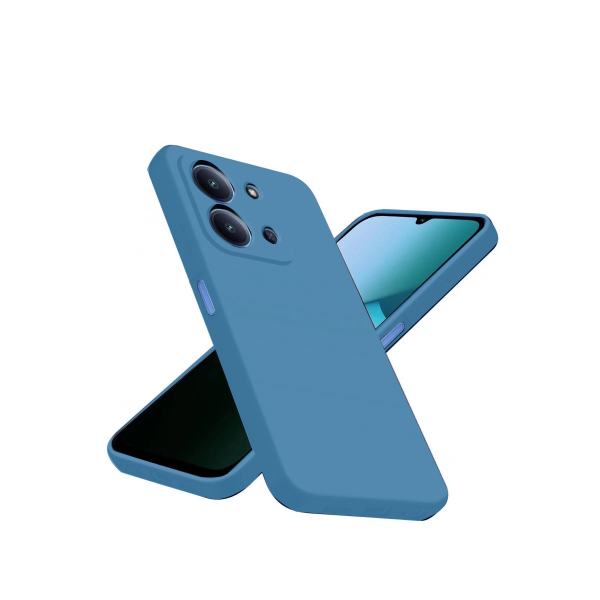 Kamera sistemli iki mavi telefon kılıfı, beyaz arka plan.