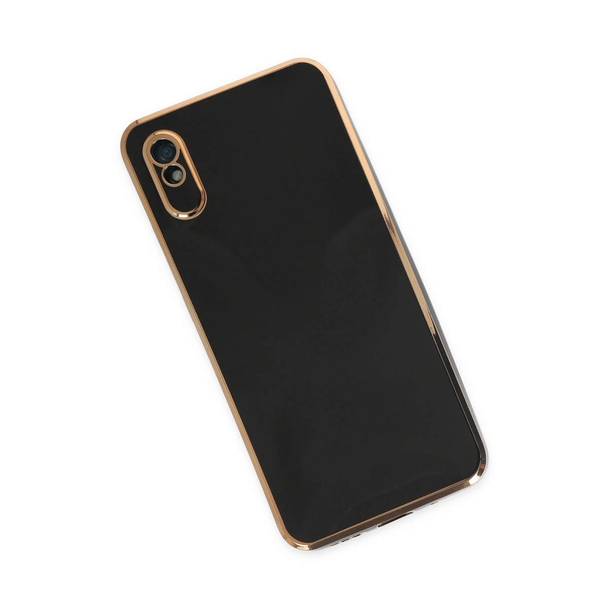 Altın kenarlı, iki kameralı siyah telefon kılıfı.