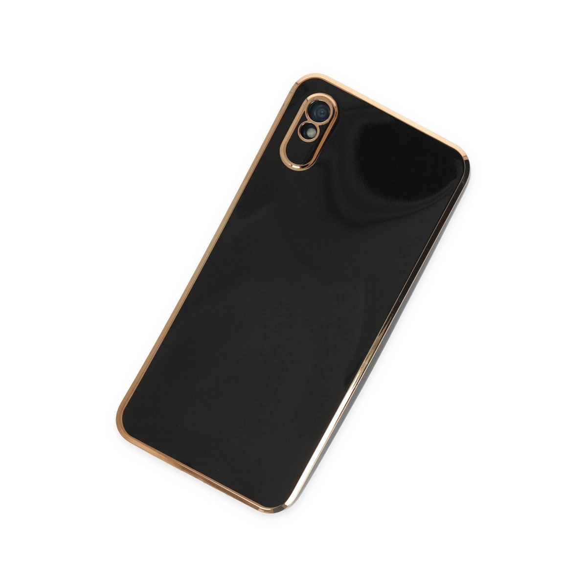 Altın kenarlı, iki kamera lensli siyah telefon kılıfı.
