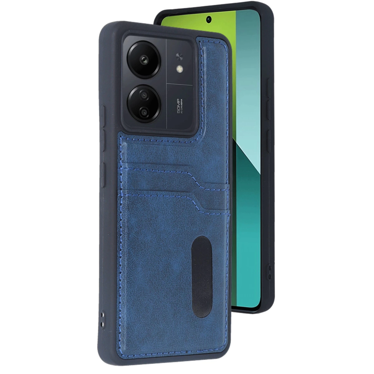 Kart yuvalı lacivert telefon kılıfı ve yeşil ekranlı telefon.