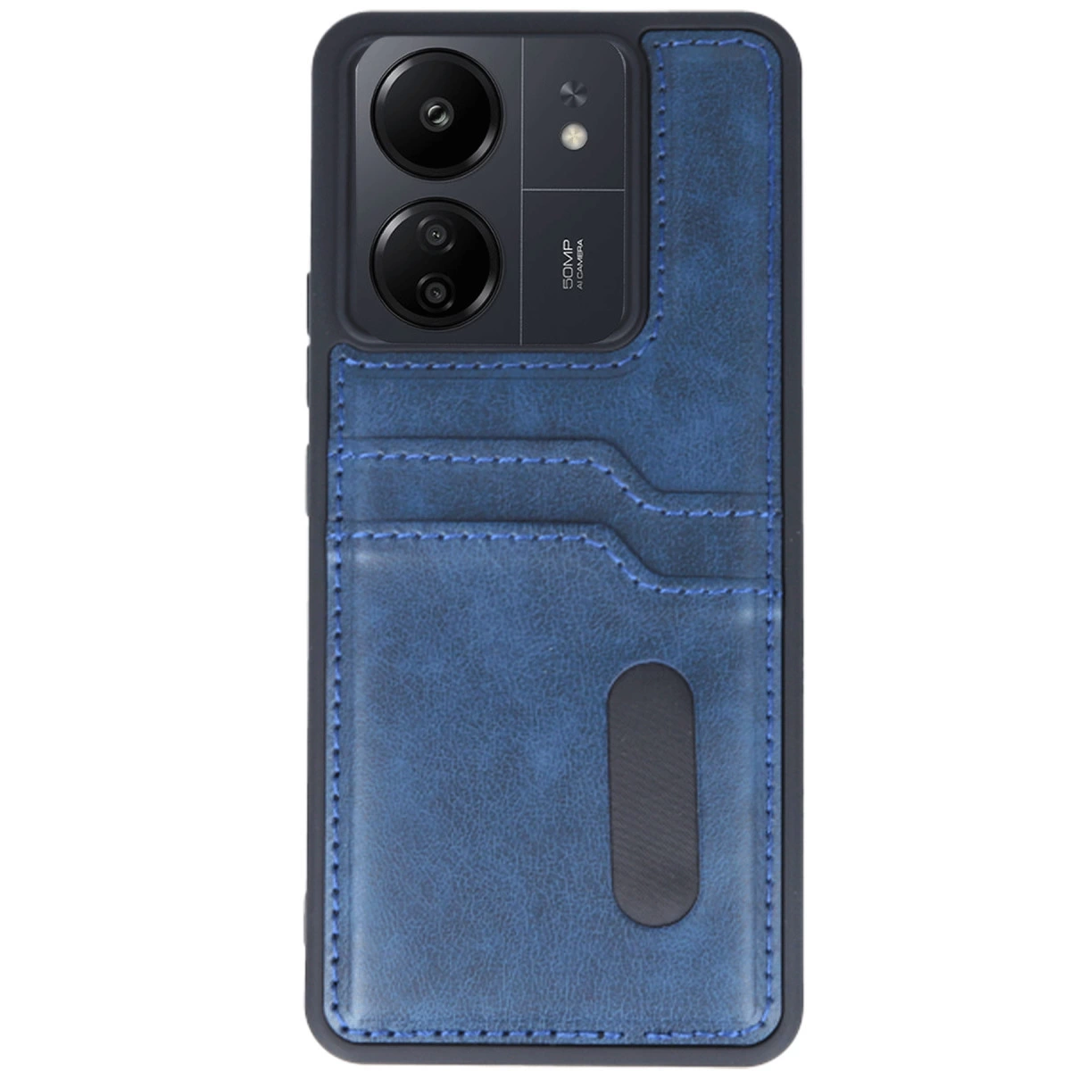 Kart yuvalı ve kamera kesimli mavi deri telefon kılıfı.