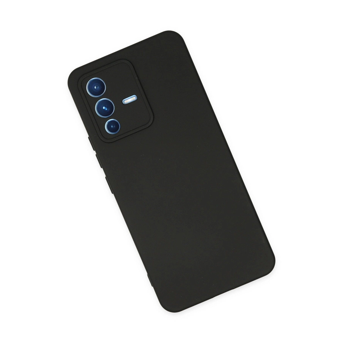 Arkada üçlü kamera ve flaşa sahip siyah akıllı telefon.