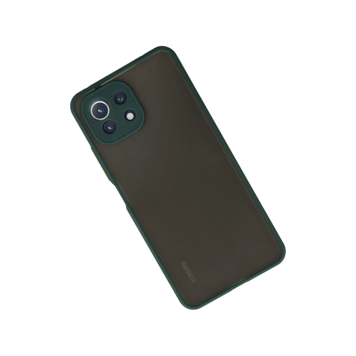 Yeşil kamera ve çerçeveli koyu gri telefon, altta Xiaomi logosu.