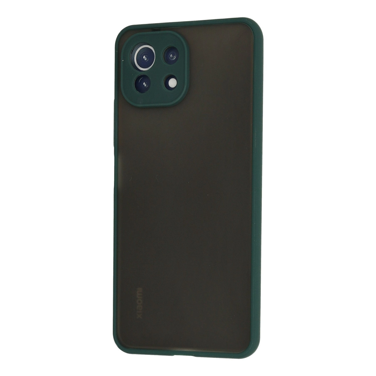 Yeşil kamera çerçeveli ve Xiaomi logolu koyu gri telefon kılıfı.