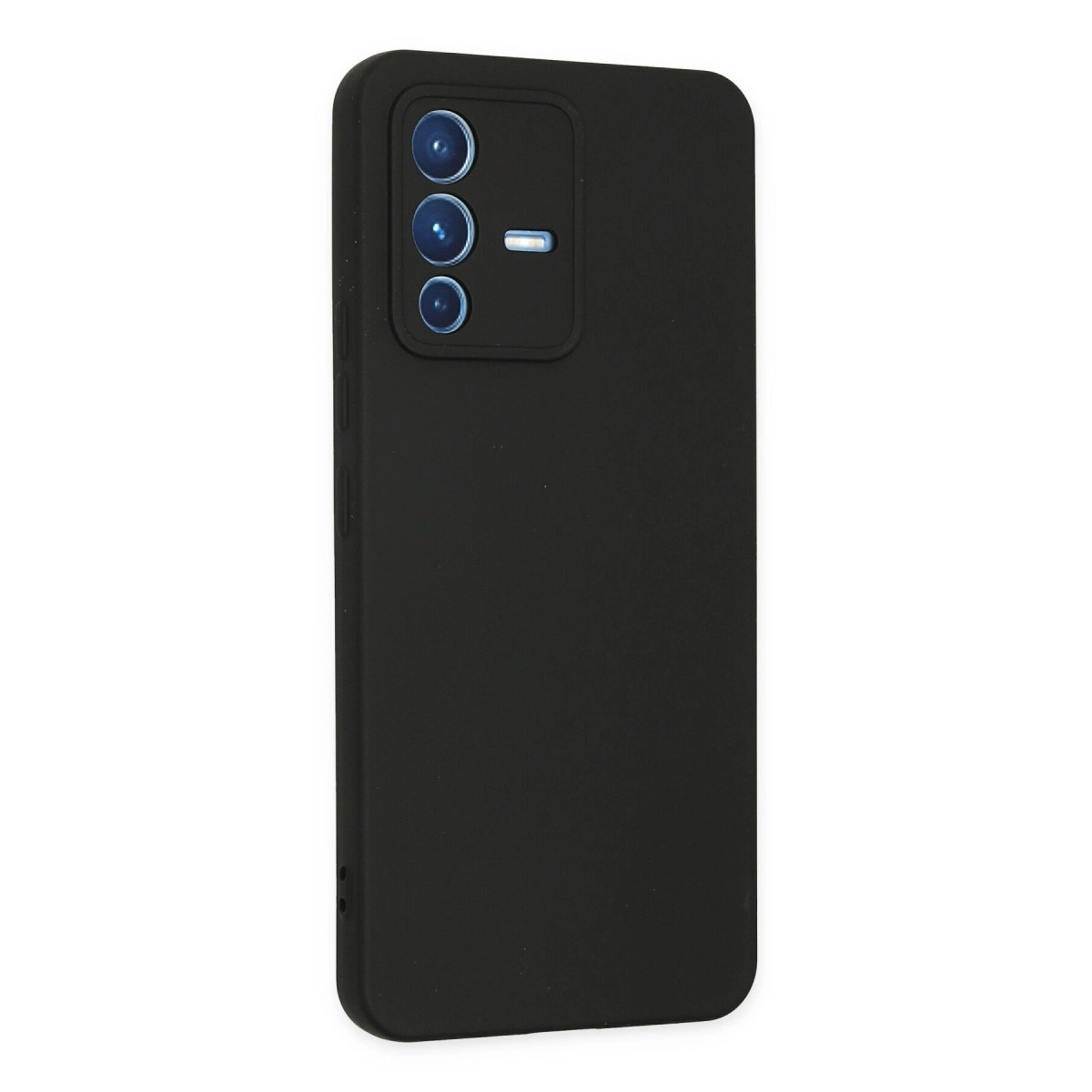 Arkada üç kamera lensi ve flaşı olan siyah telefon kılıfı.
