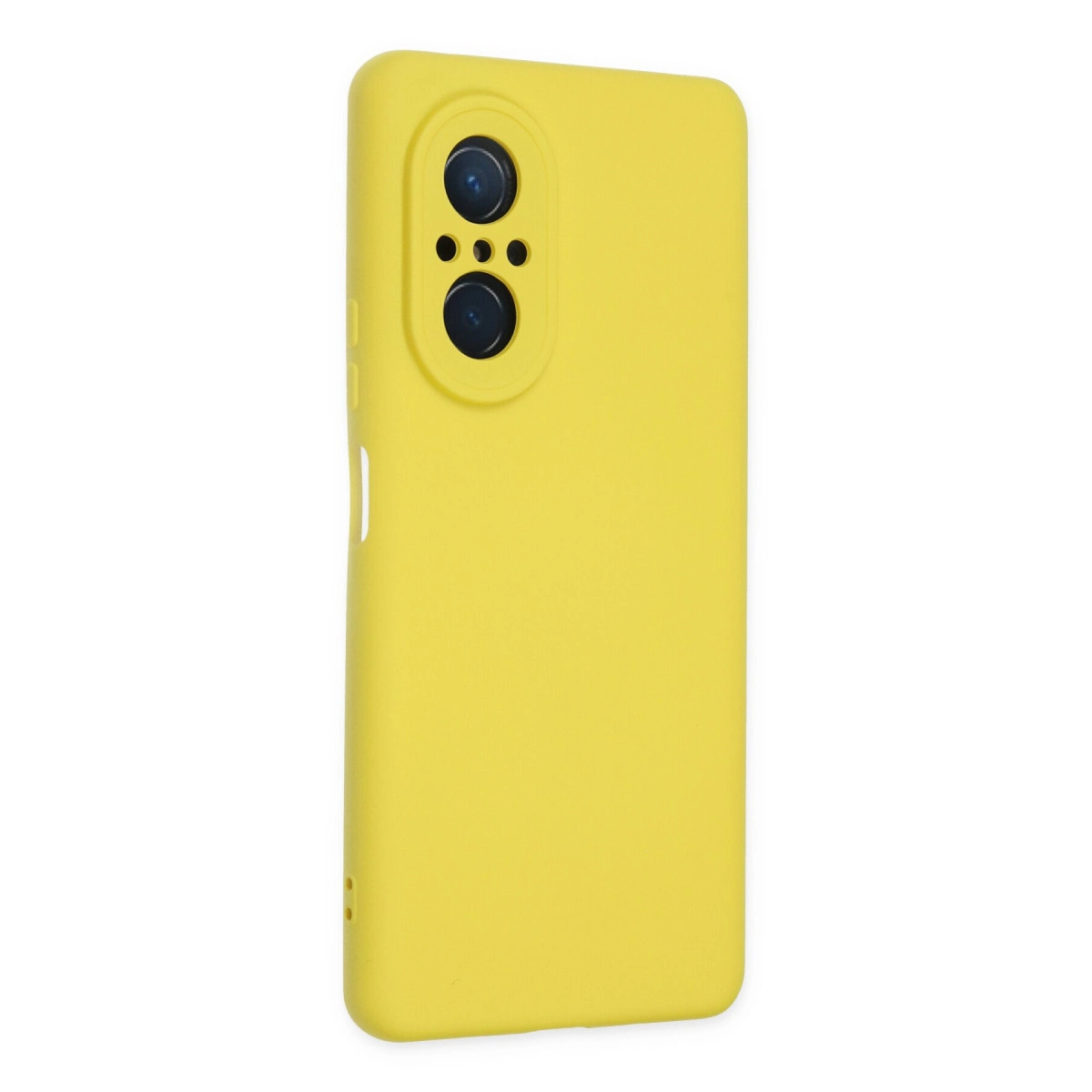Üç lens ve flaş için kamera kesimli sarı telefon kılıfı.