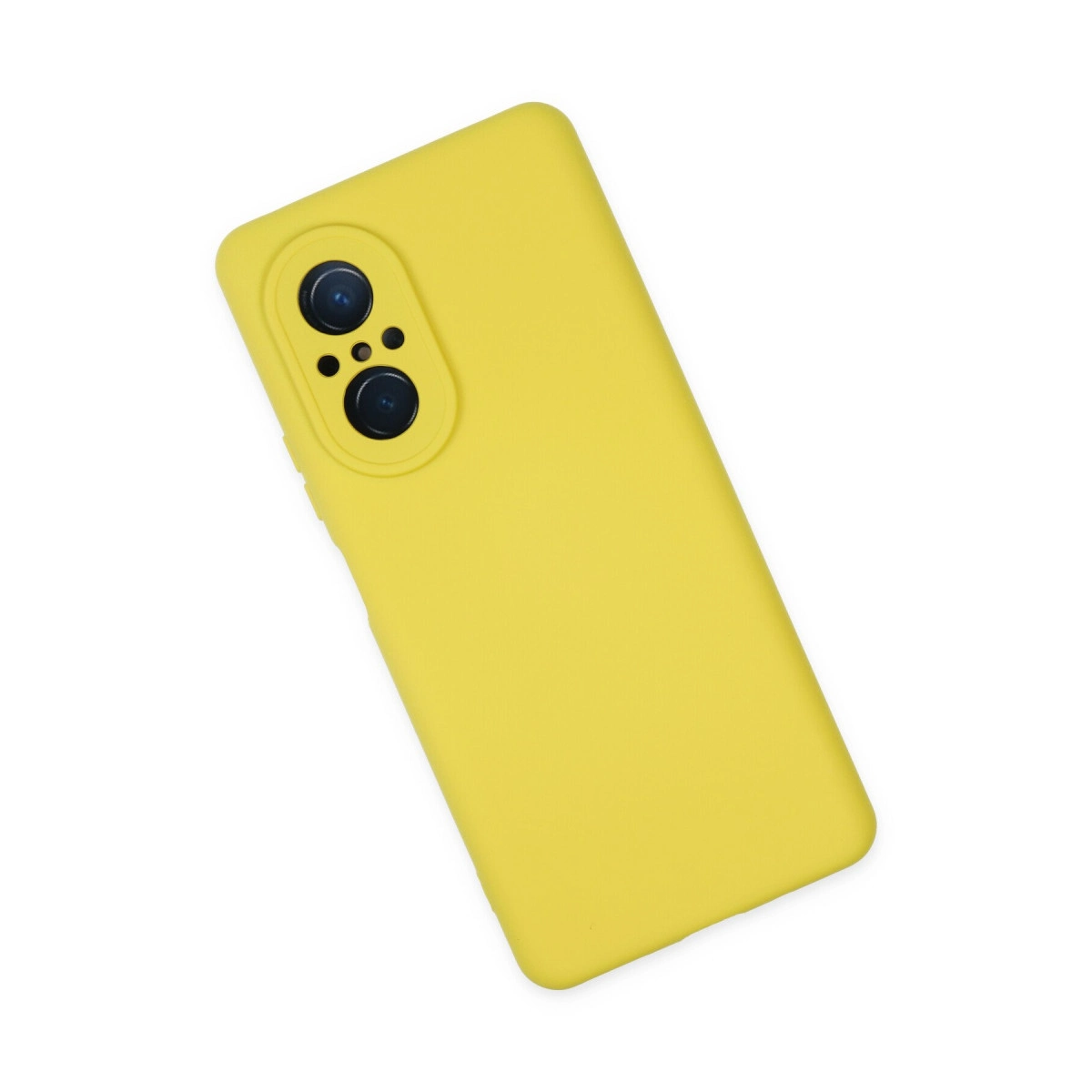 İki lensli oval kamera yuvalı sarı telefon kılıfı.