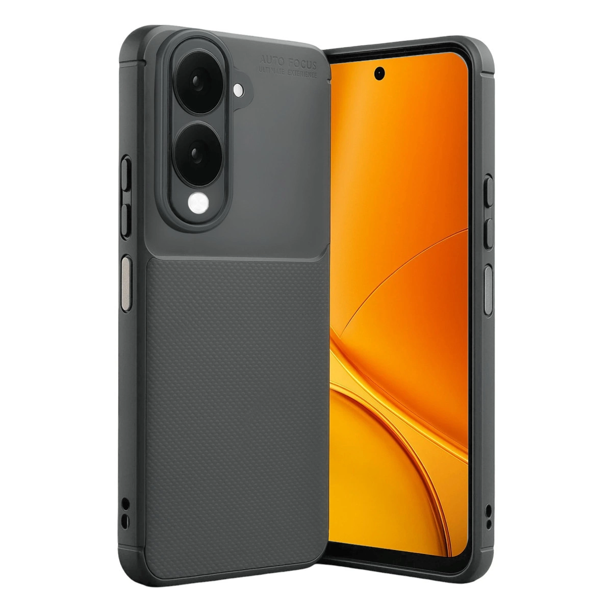 İki kamera lensli ve turuncu ekranlı koyu renk telefon kılıfı.