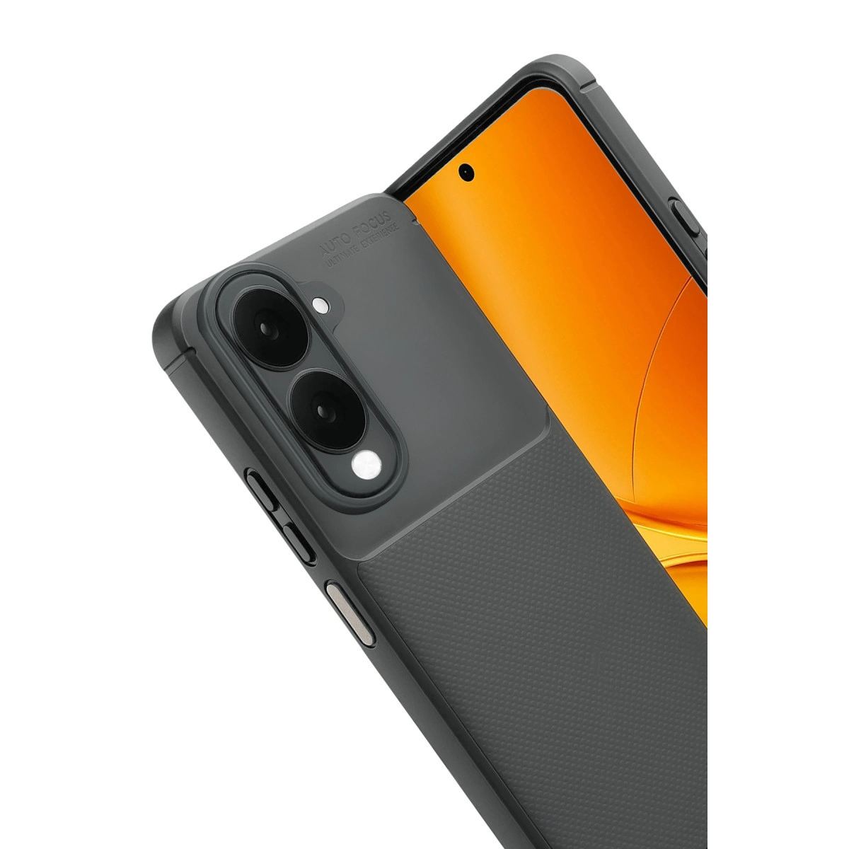 Doku tutamaklı ve kamera çıkıntılı koyu gri telefon kılıfı, turuncu ekranı gösteriyor.