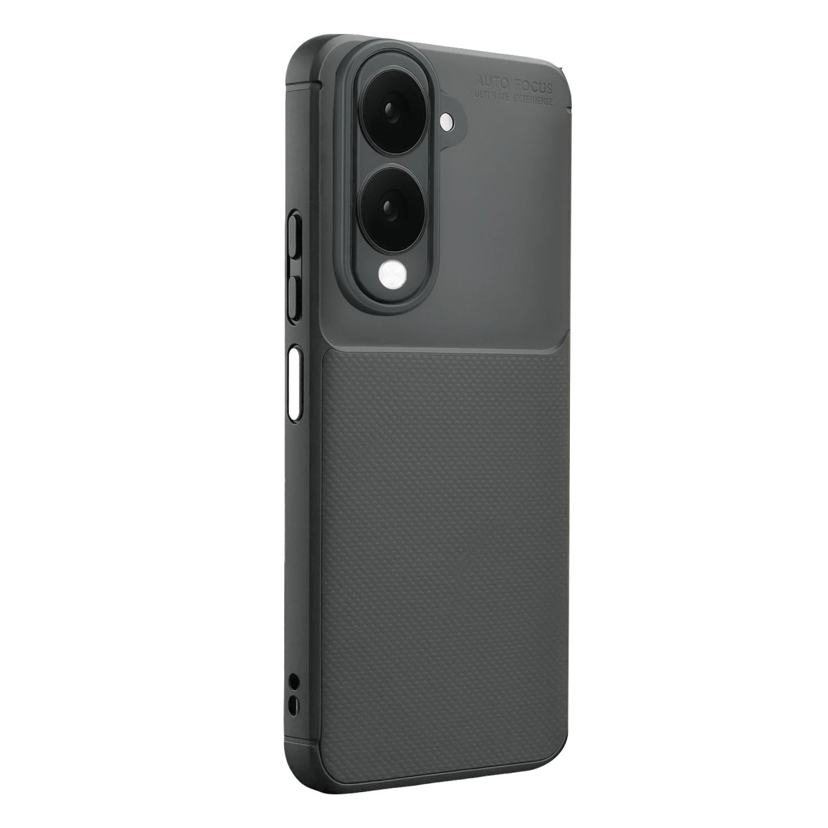 Yukarıda iki kamera lensi bulunan koyu gri telefon kılıfı.