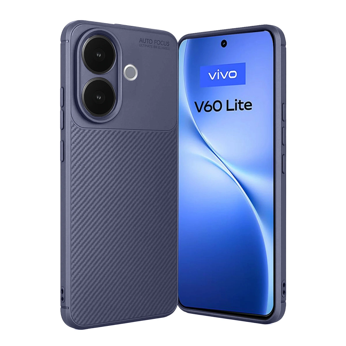 Karbon desenli lacivert telefon kılıfı ve yanında Vivo V60 Lite akıllı telefon.