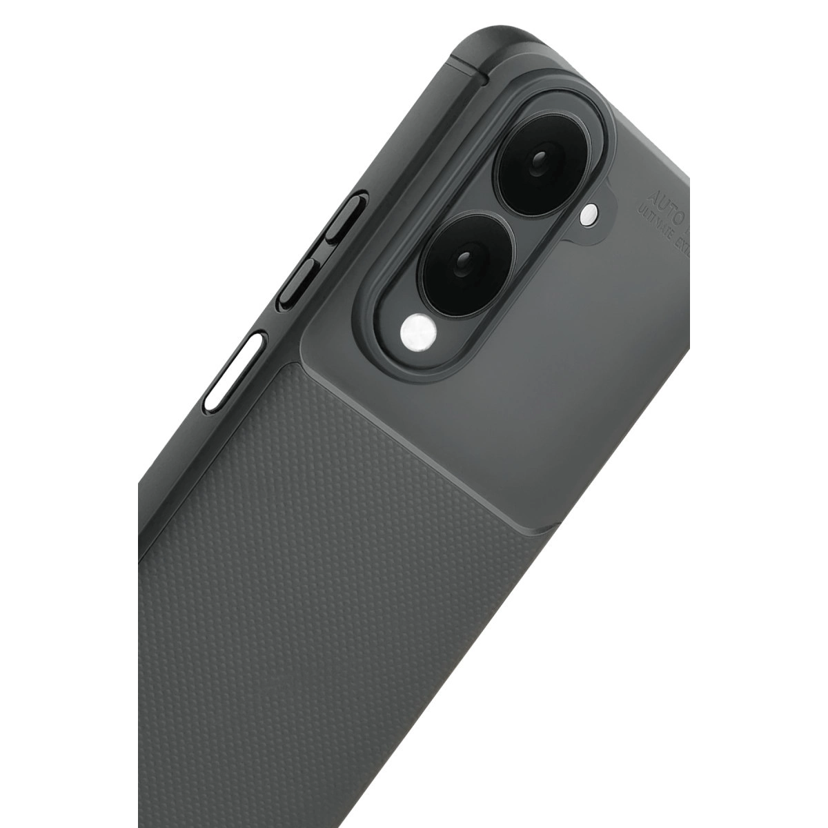 Doku tutuşlu ve çift kamera lensli koyu gri telefon kılıfı.