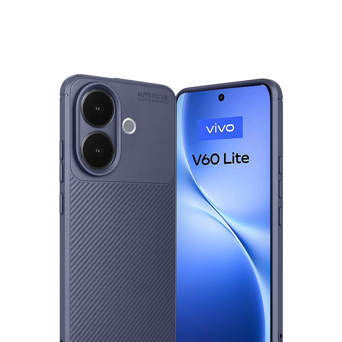 Çift kameralı mavi akıllı telefon, ekranda "V60 Lite" yazıyor.