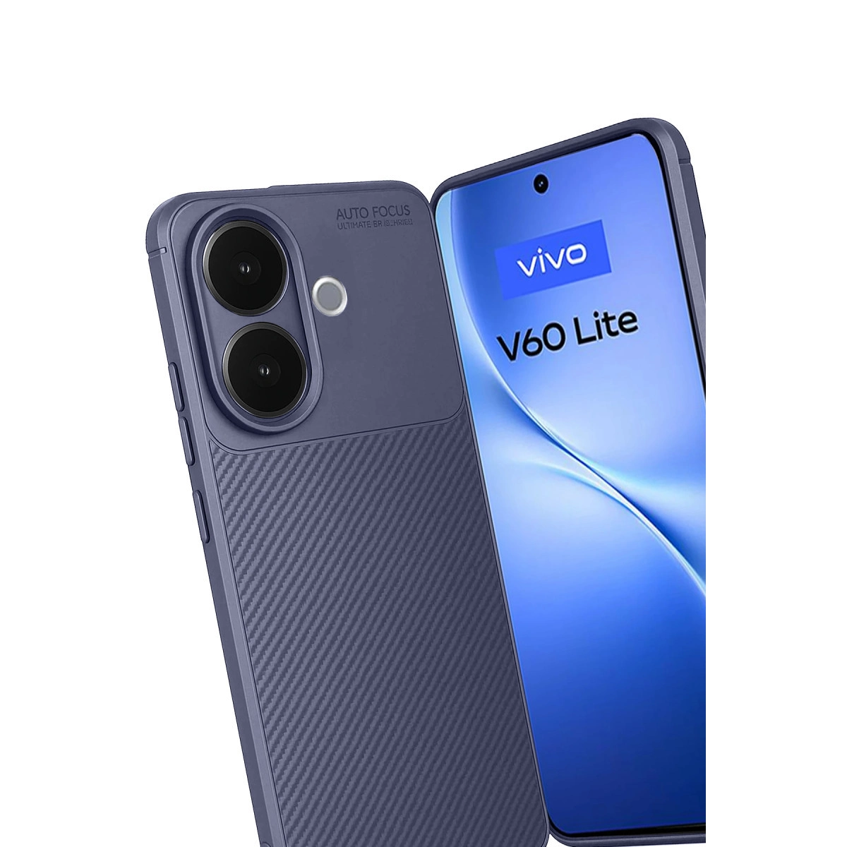Karbon fiber dokulu koyu mavi telefon kılıfı, Vivo V60 Lite telefonun yanında.