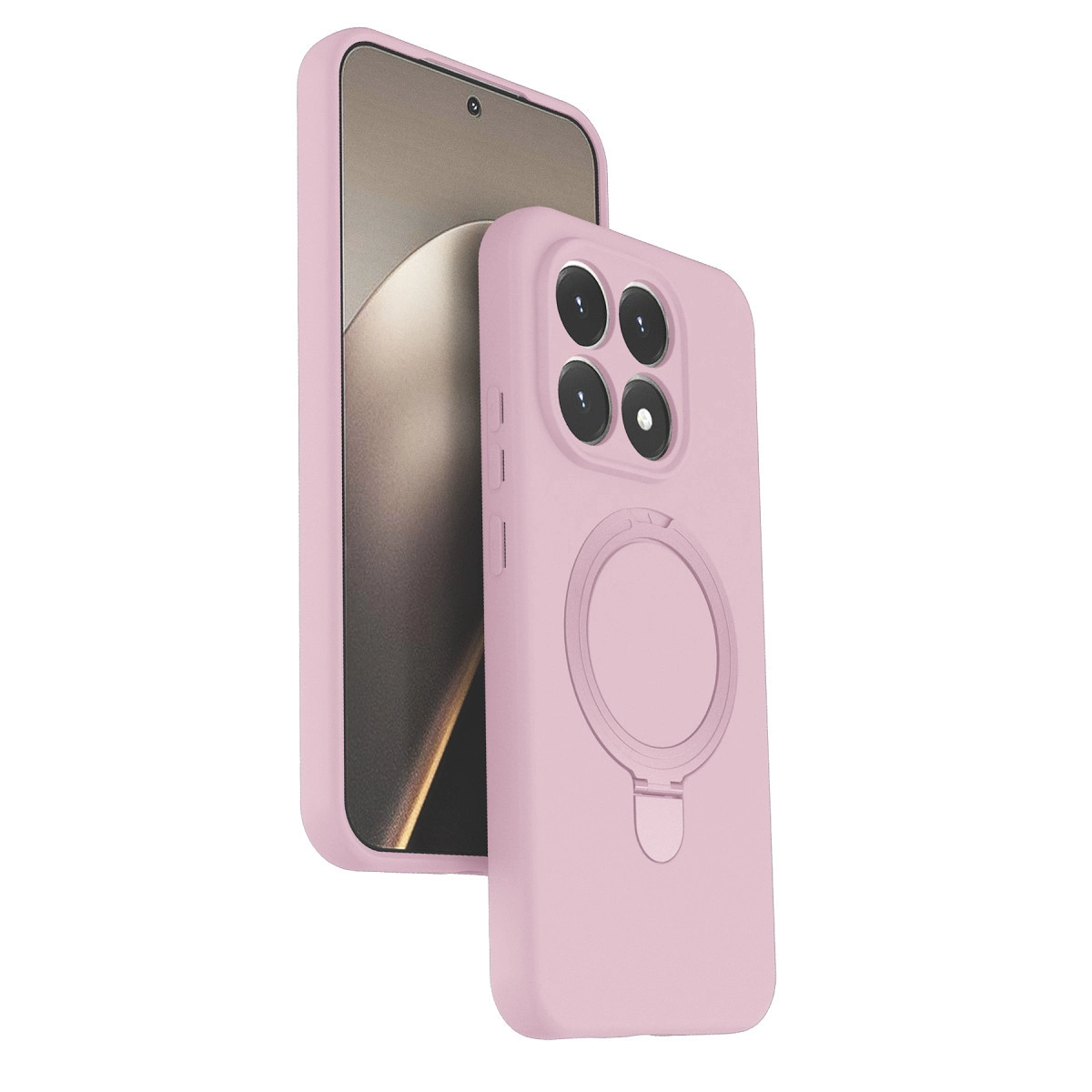 Halka tutuculu ve dört kameralı pembe telefon kılıfı.