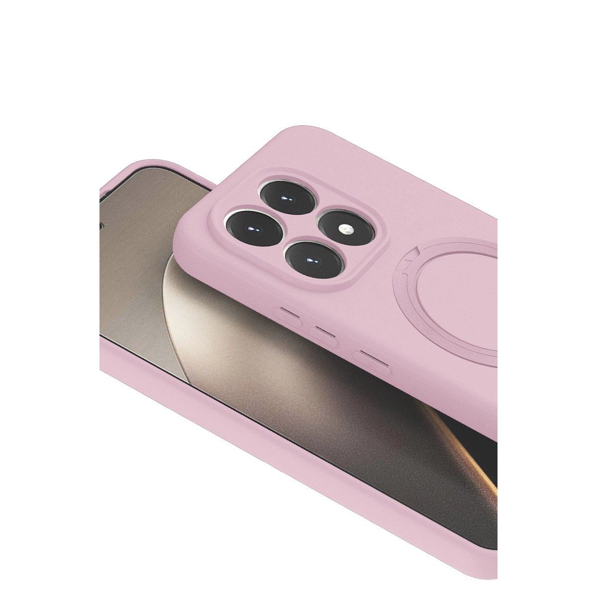 Halka tutuculu ve dört kamera lensli pembe telefon kılıfı bir telefonun üzerindedir.