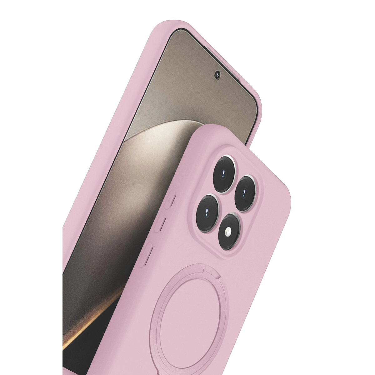 Dört kameralı ve halka tutuculu pembe telefon kılıfı.