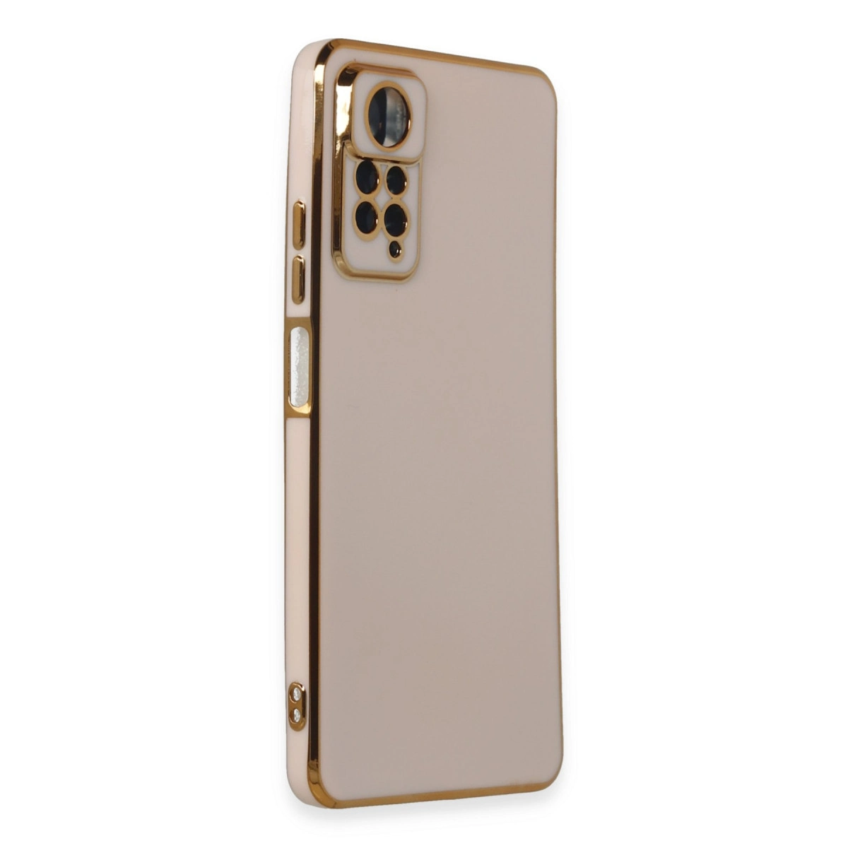 Altın çerçeveli ve kamera lensli bej telefon kılıfı.