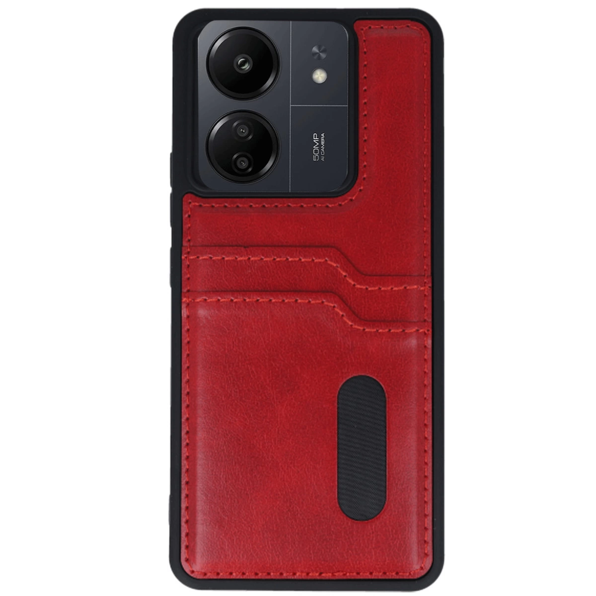 Kart yuvalı ve siyah çerçeveli kırmızı telefon kılıfı. Üstte kamera modülü.