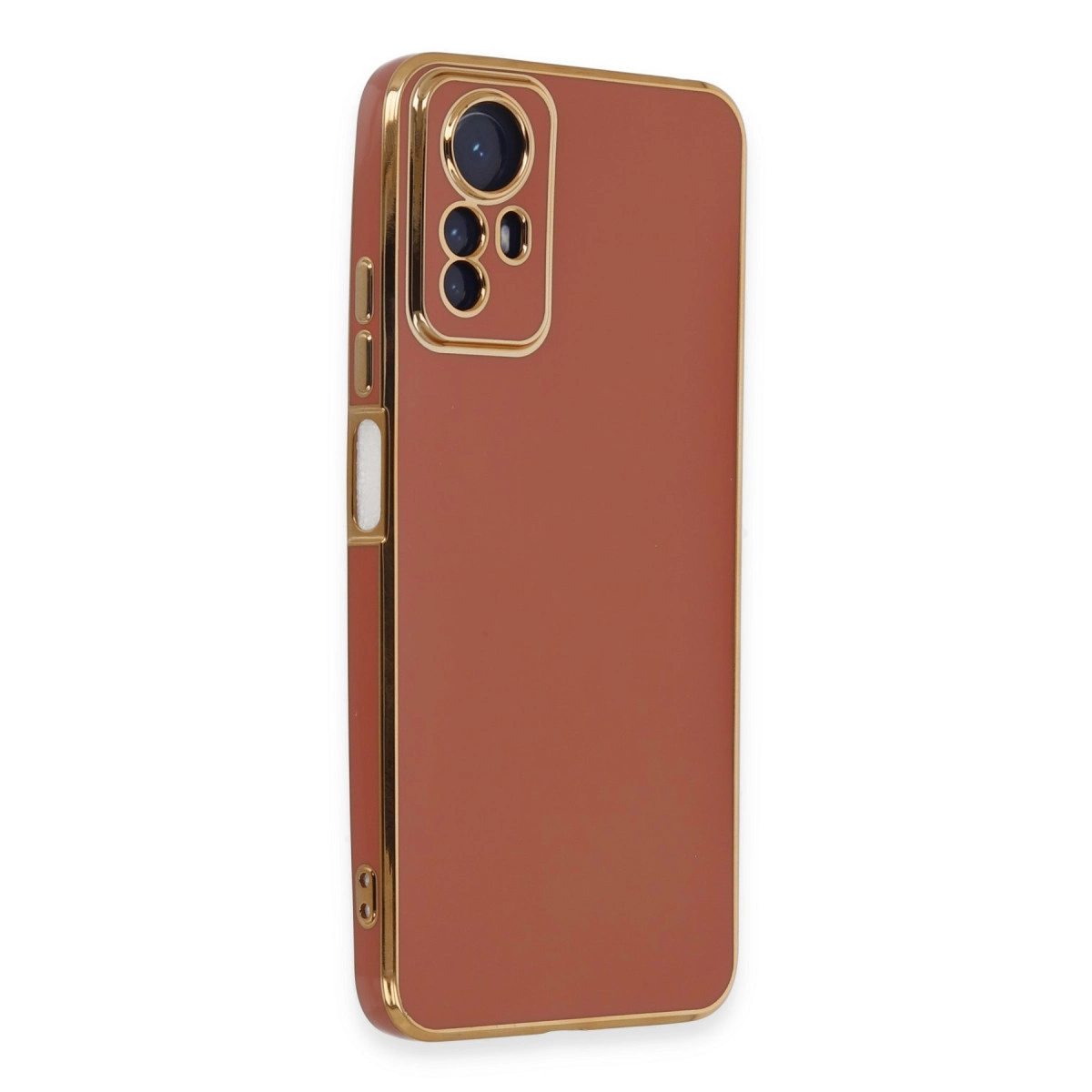 Altın kenarlı kahverengi telefon kılıfı ve kamera modülü.