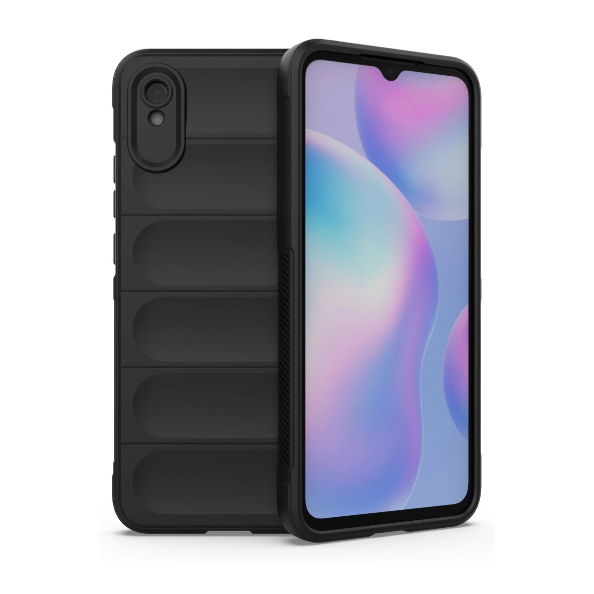 Yatay çıkıntılı siyah telefon kılıfı ve renkli ekranlı akıllı telefon.