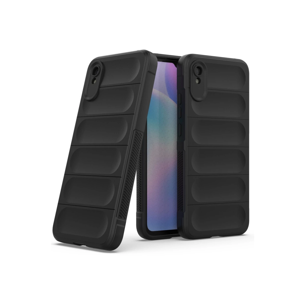 Bir telefon üzerinde, kanallı tasarımlı iki siyah telefon kılıfı.