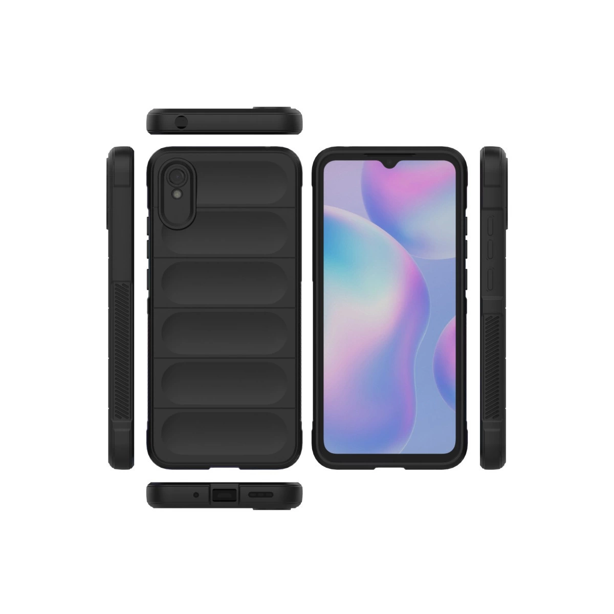 Kanallı dokuya sahip siyah telefon kılıfı, çeşitli açılardan gösteriliyor.