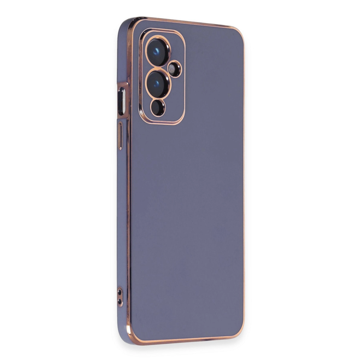 Altın çerçeveli gri telefon kılıfı, sol üstte üç kamera lensi.