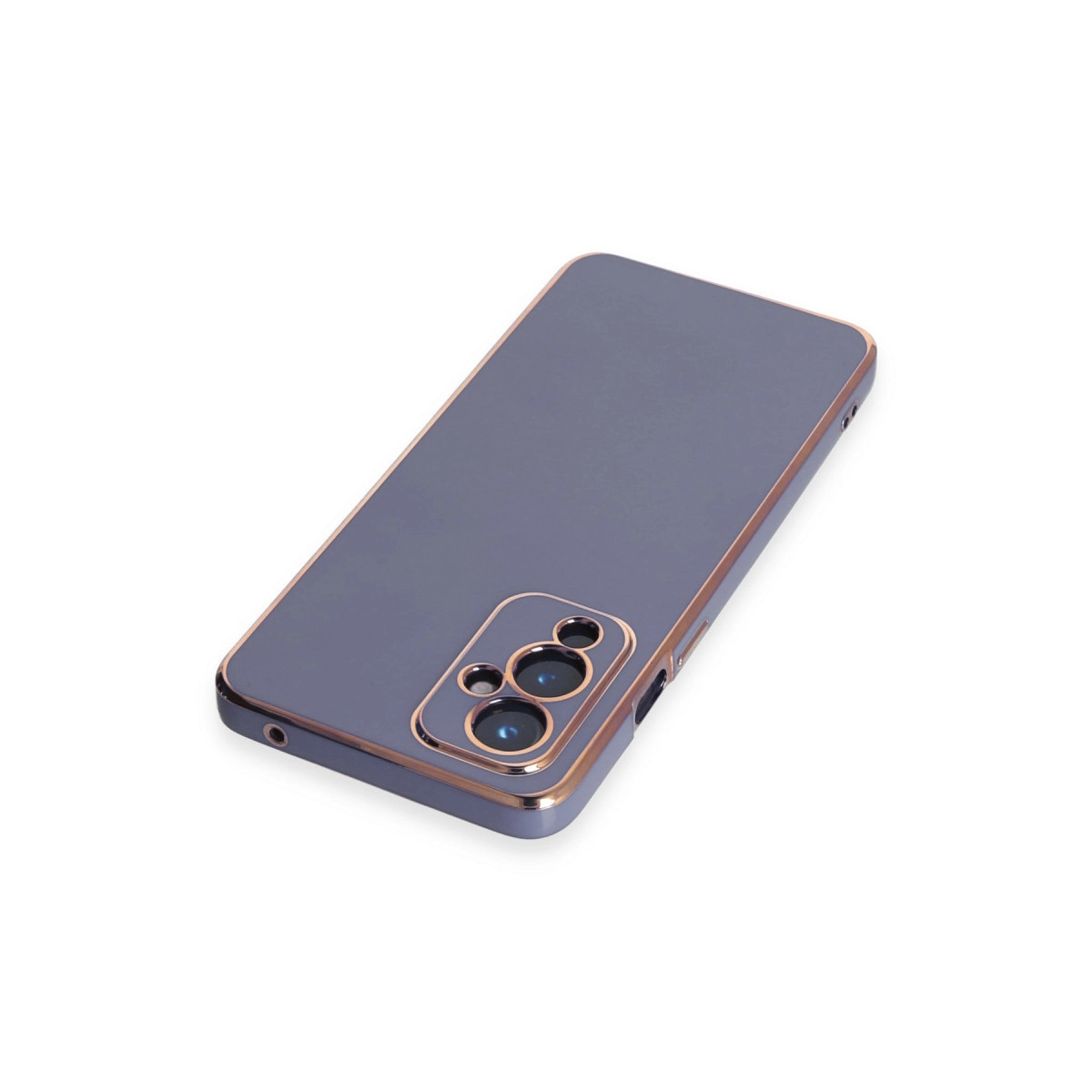 Rose altın kenarlı ve kamera kesimli şık, koyu mor telefon kılıfı.