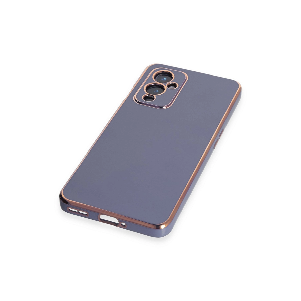 Bronz kenarlı gri telefon kılıfı, arkada kamera kesiği.