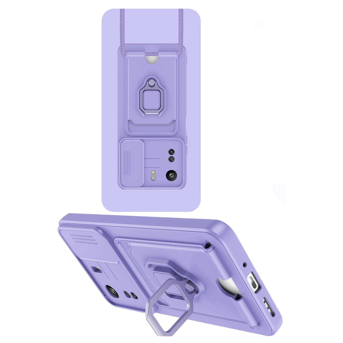 Halka tutuculu, kamera kapaklı, kordonlu mor telefon kılıfı.