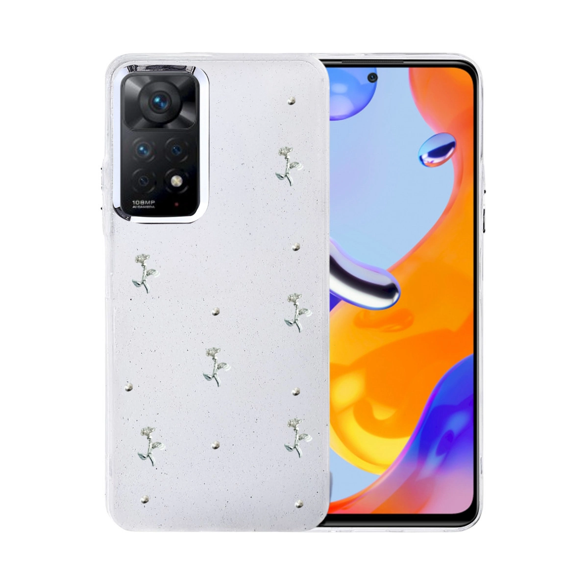 Renkli telefon ekranında küçük çiçekler ve inciler bulunan şeffaf telefon kılıfı.