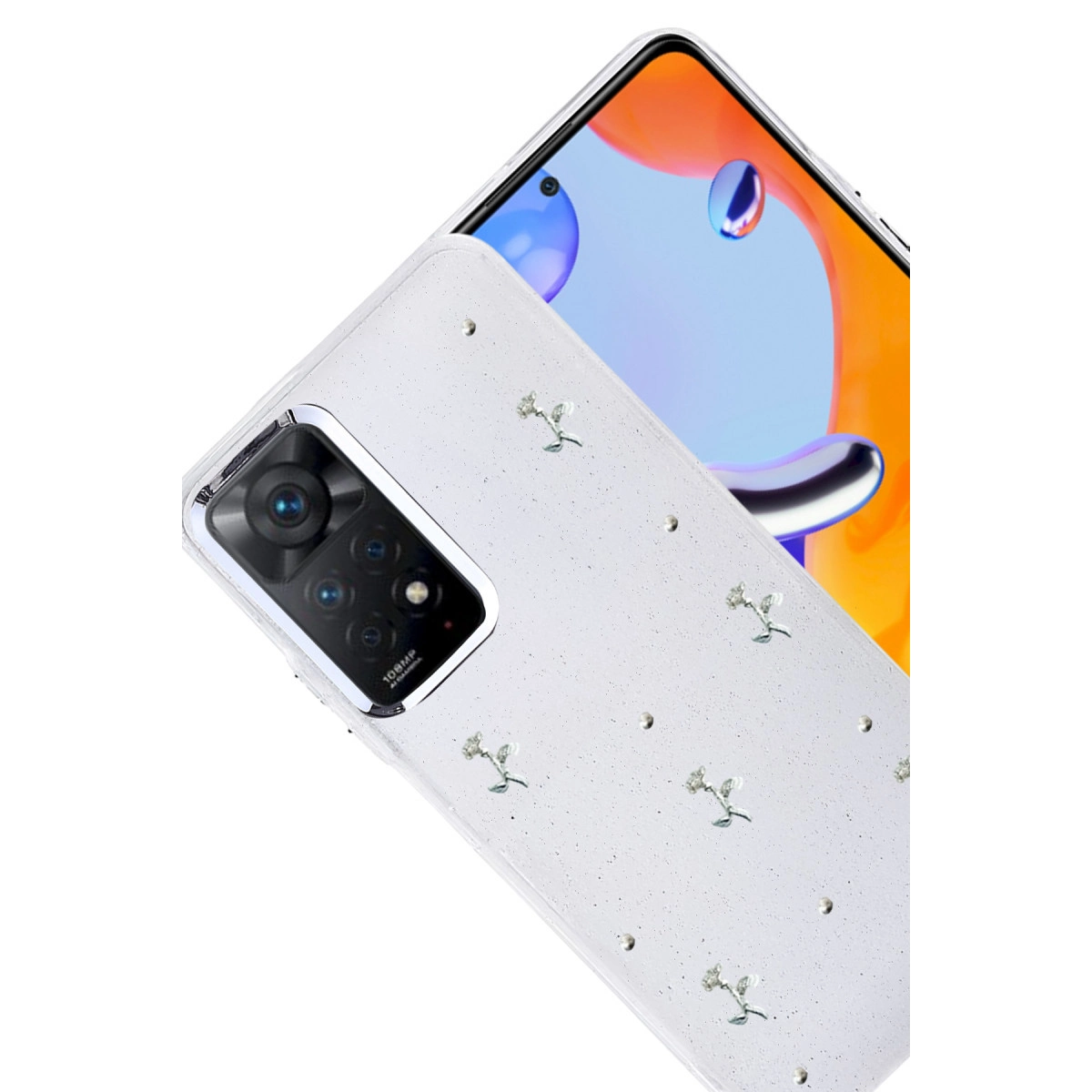 Çiçekli simli tasarıma sahip beyaz telefon. Arkasında 108MP kamera bulunur.