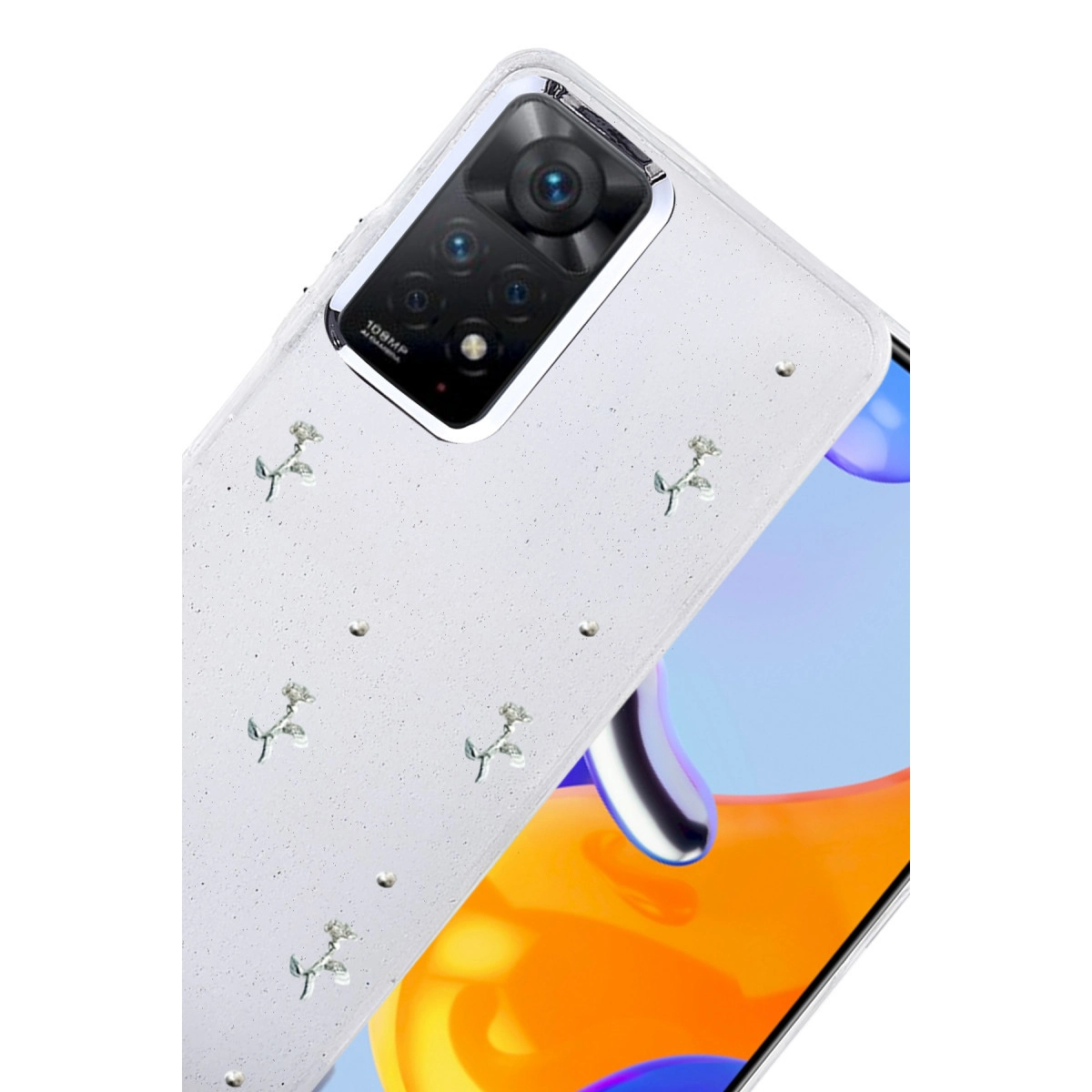 Gül ve nokta desenli beyaz telefon kılıfı. Üstte kamera modülü.