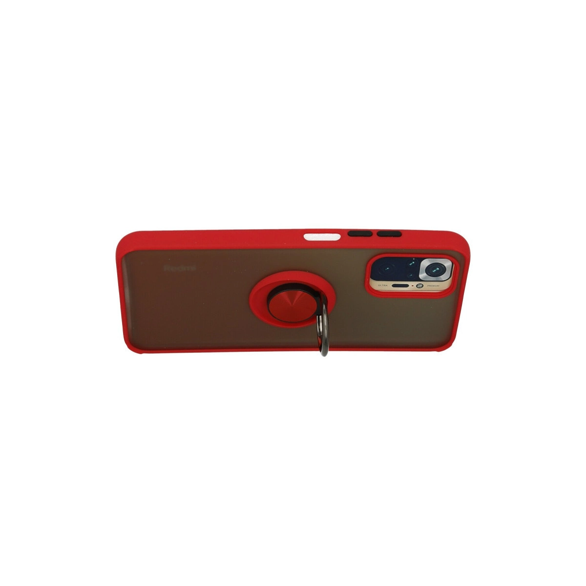 Döner halka tutuculu kırmızı telefon kılıfı ve kamera modülü.