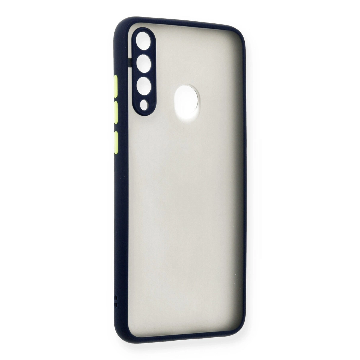 Şeffaf arkalı ve kamera kesimli lacivert telefon kılıfı.