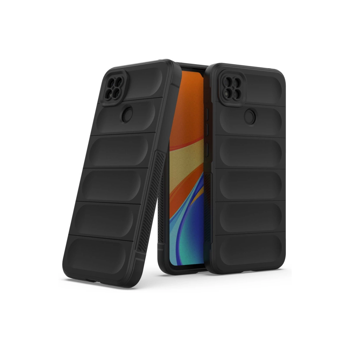 Kanallı desene sahip iki siyah telefon kılıfı; biri turuncu ekranını gösteriyor.