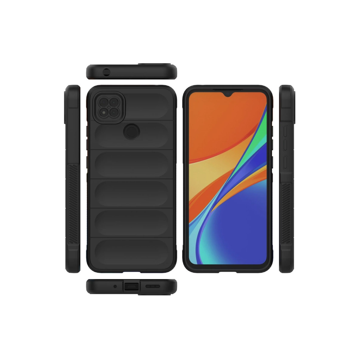 Kamera ve bağlantı noktası kesikleri olan siyah telefon kılıfı, ön görünüm